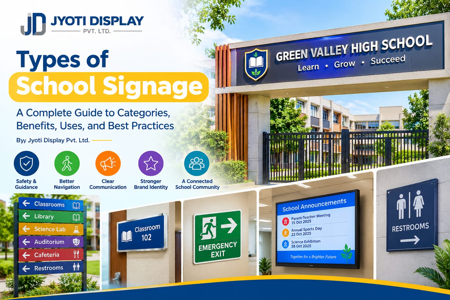 Read more about the article Types of School Signage: A Complete Guide to Categories, Benefits, Uses, and Best Practices By Jyoti Display Pvt. Ltd.